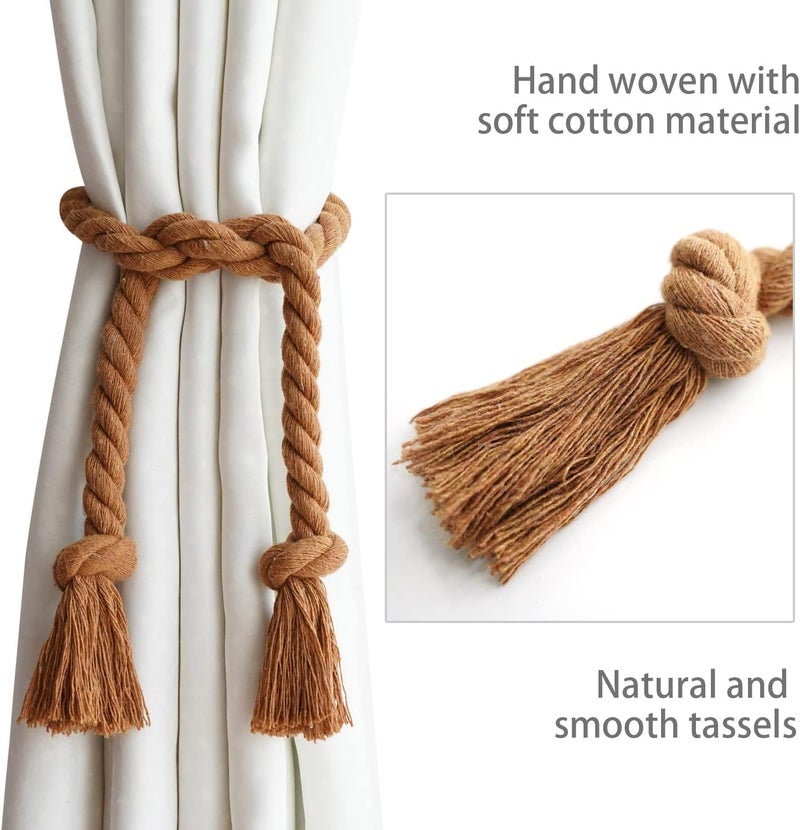 Yteseery 8 Pack Outdoor Curtain Tiebacks Rope, Natural Cotton Curtain Holders, Village Rural Rustic Curtain Holdbacks, Farmhouse Nautical Curtain Rope Tie Back for Drapery Patio, (Coffee) - Image 2